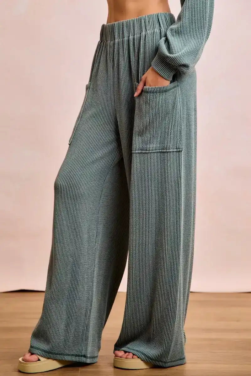 BiBi Two Tone Cord Rib Contrast Stitching V-Neck Top and Pants Set - Sleekdenim.com