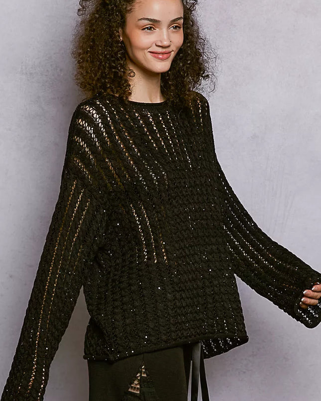 POL Openwork Round Neck Knit Top with Shiny Detail - Sleekdenim.com
