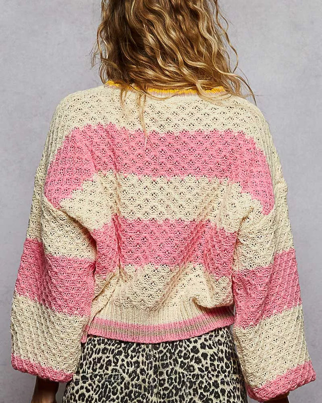 POL Contrast Striped Round Neck Sweater with Textured Cable Knit Pattern - Sleekdenim.com