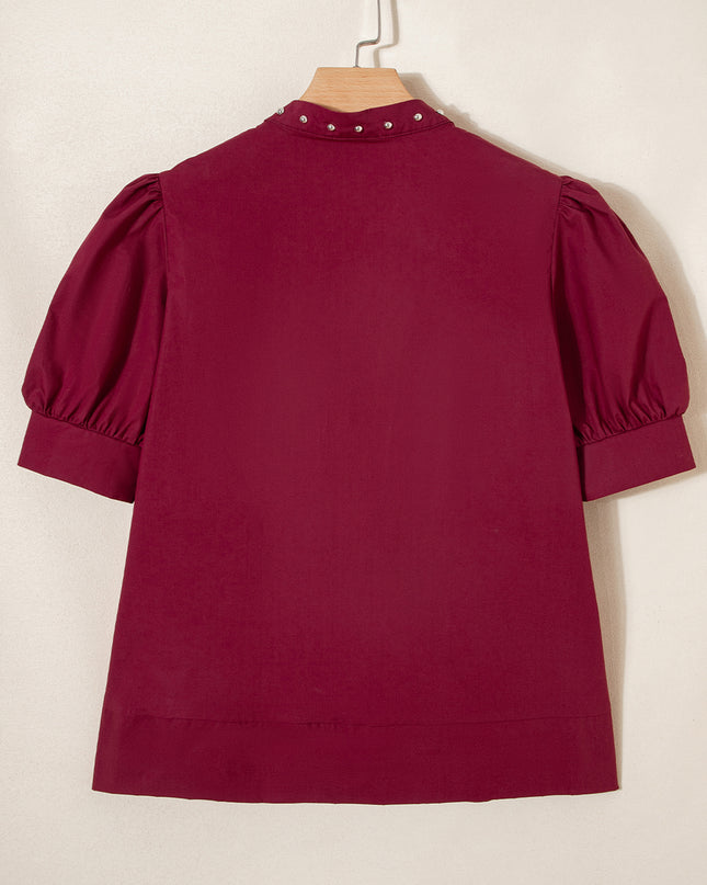 Burgundy Rivet Embellished V Neck Short Puff Sleeve Blouse - Sleekdenim.com