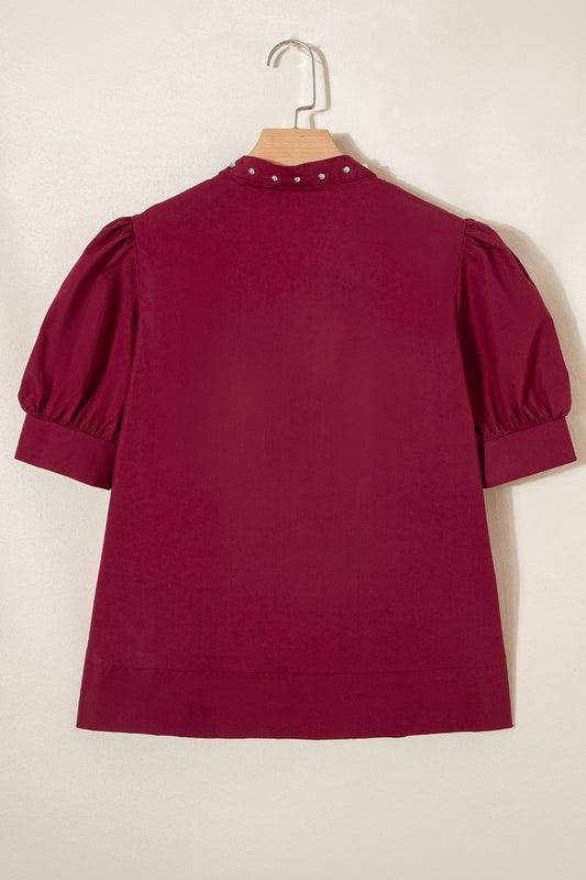 Burgundy Rivet Embellished V Neck Short Puff Sleeve Blouse - Sleekdenim.com