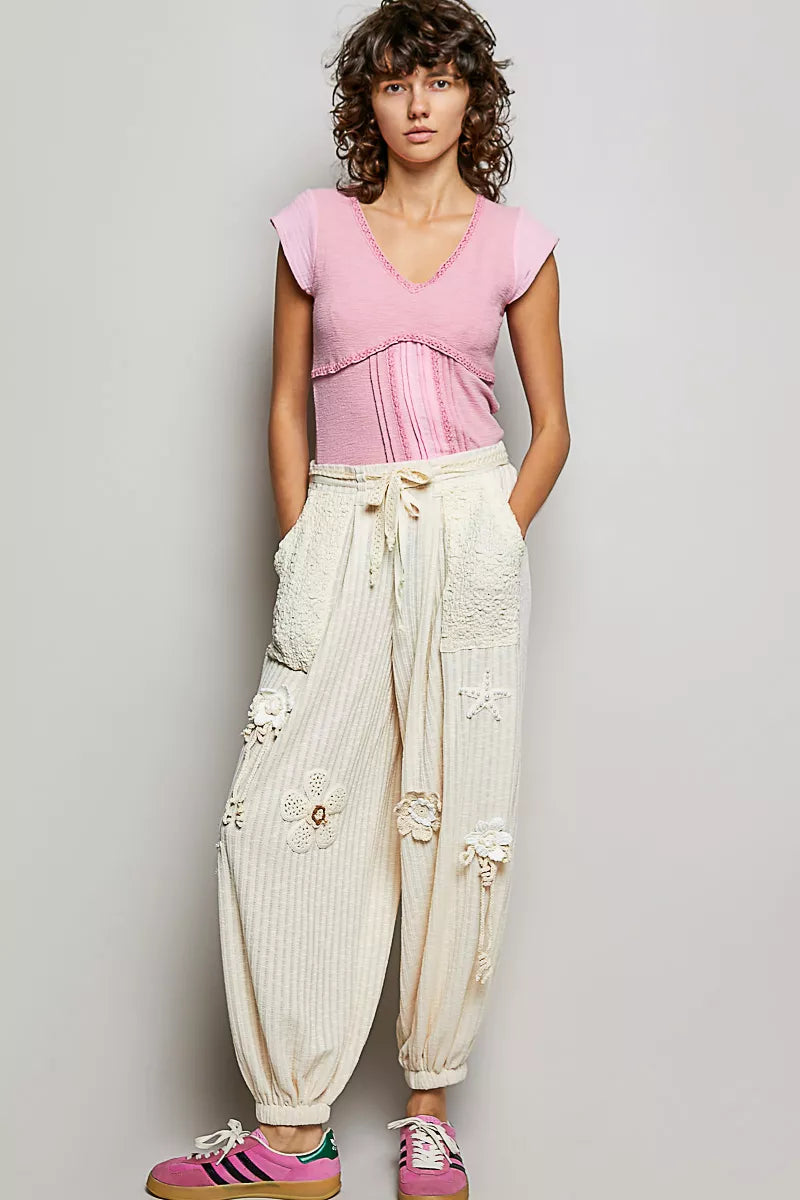 POL V-Neck Lightweight Textured Short Sleeve Knit Top with Lace Trim - Image 5