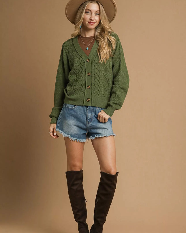 Umgee Chunky Cable Knit V-Neck Button-Up Cardigan - Sleekdenim.com