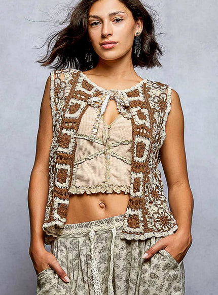 POL Tie Front Floral Pattern Crochet Vest with Scalloped Edge - 8