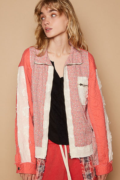 POL Floral Patchwork Zip Up Long Sleeve Jacket | Sleekdenim.com