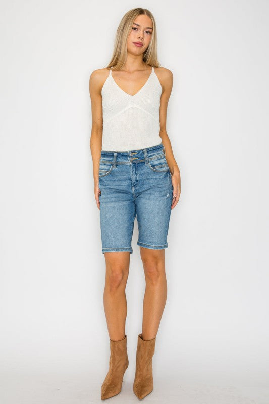 Artemis Vintage High Rise Double Button Waistband Bermuda Jeans Shorts - Sleekdenim.com