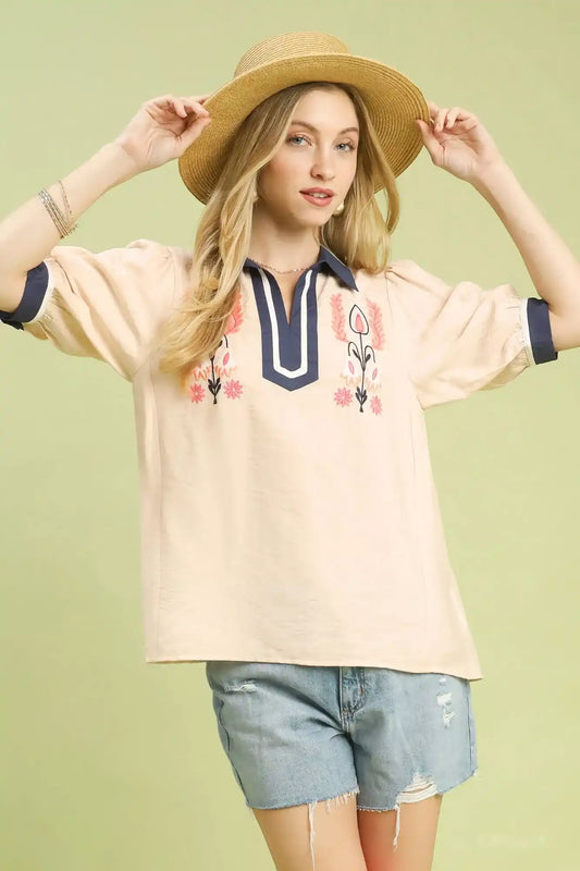 Umgee Embroidered Puff Sleeve Contrast Trim Top - Sleekdenim.com