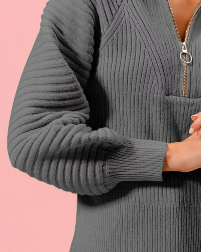 SO ME Half Zip Raglan Balloon Sleeves Ribbed Sweater - Sleekdenim.com