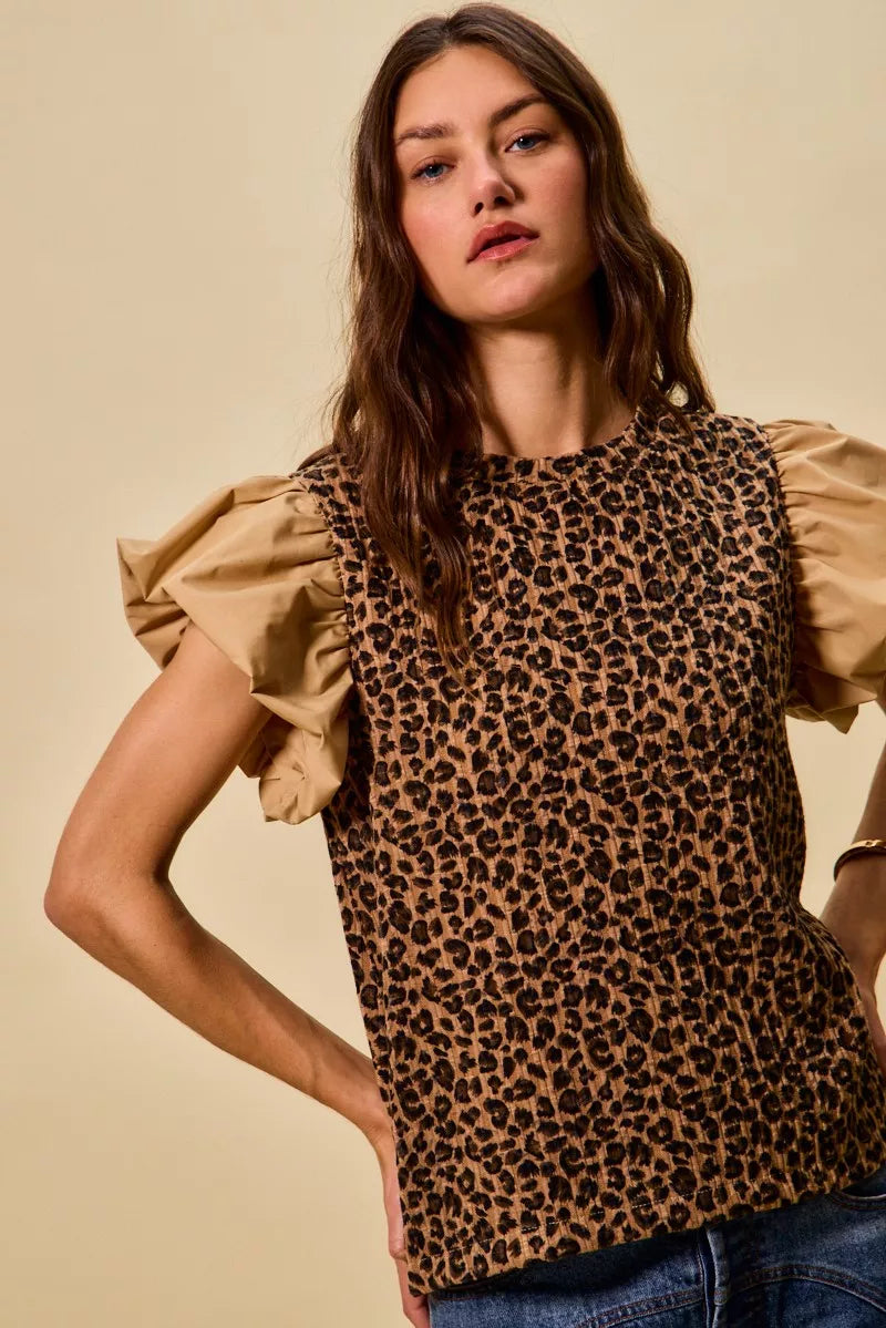 SO ME Leopard Pointelle Knit Top with Puff Sleeves - 10