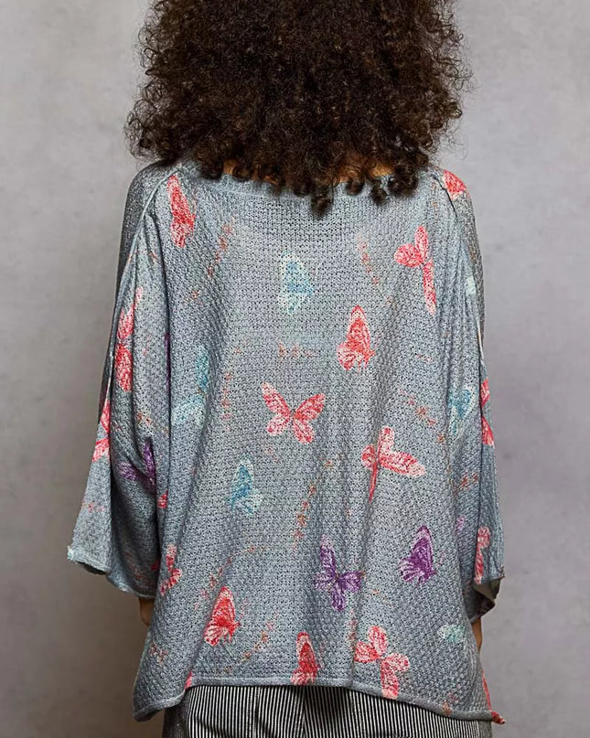 POL Butterflies Pattern Round Neck knit Top with Outseam Rolling Edge - Sleekdenim.com