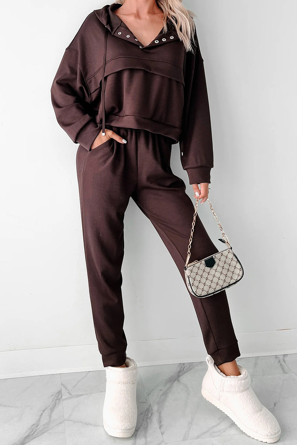 Chicory Coffee Button Drawstring Cropped Hoodie Sweatpants Set - Sleekdenim.com