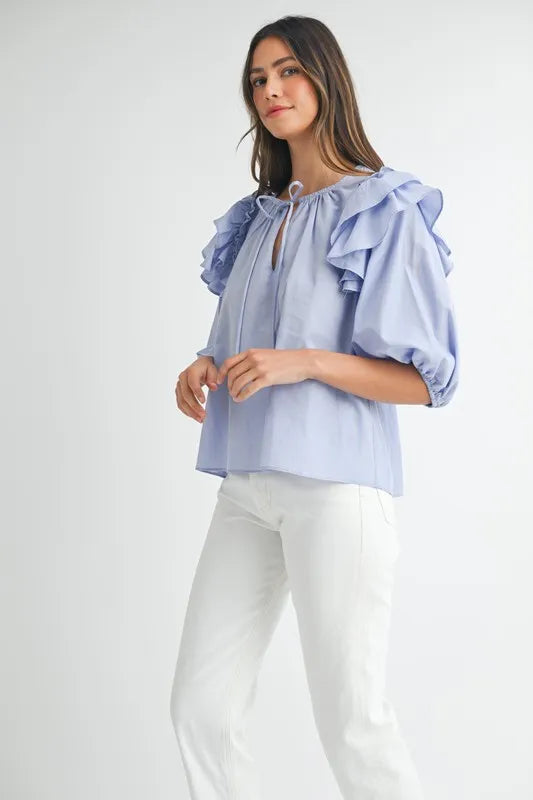 MABLE Stripe Ruffle Shoulder Puff Sleeve Blouse - Sleekdenim.com