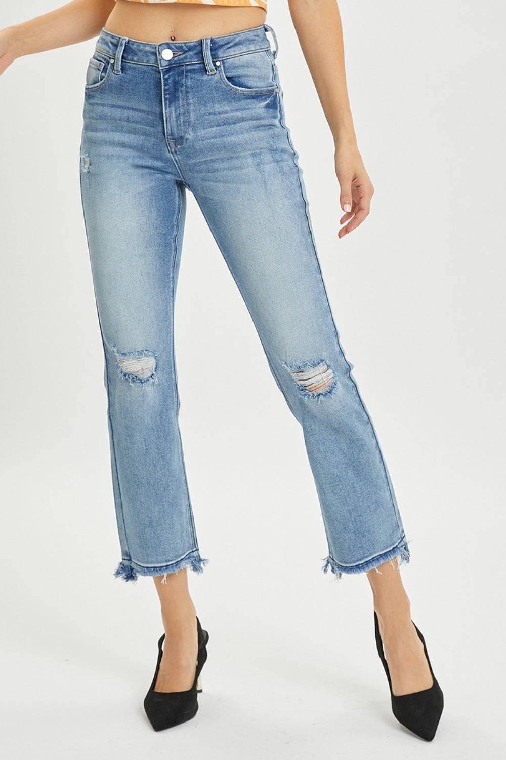 RISEN Full Size High Rise Distressed Cropped Straight Jeans | Sleekdenim.com