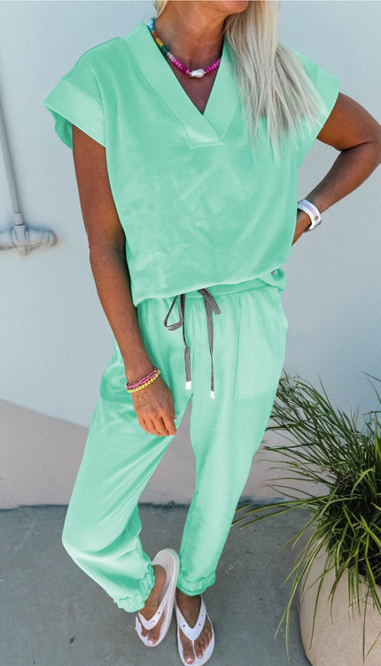 Bonbon Solid Color V Neck Tee Drawstring Pant Set - Sleekdenim.com