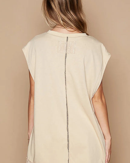 POL Star Patch Studded Sleeveless T-Shirt with Lace Hem - Sleekdenim.com