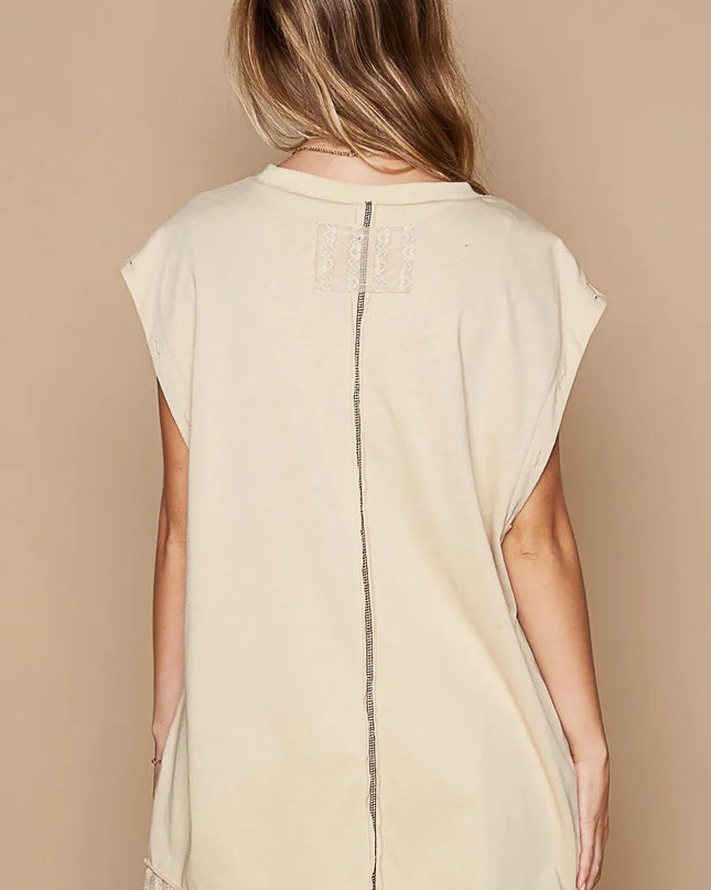 POL Star Patch Studded Sleeveless T-Shirt with Lace Hem - Sleekdenim.com