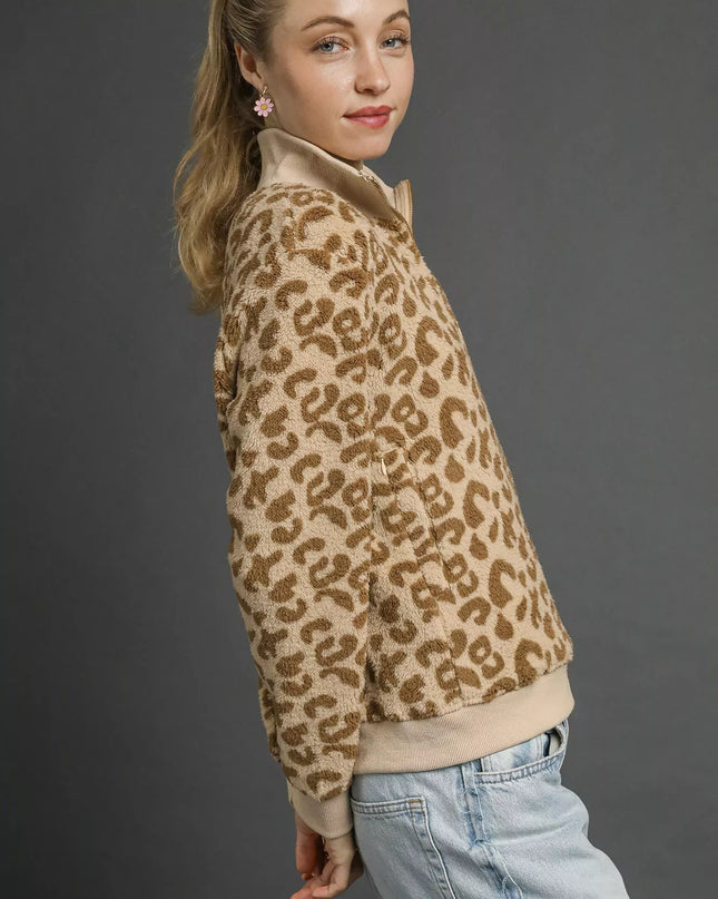 Umgee Leopard Print Quarter-Zip Sweatshirt - Sleekdenim.com