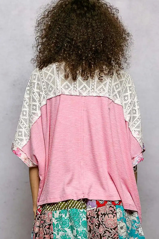 POL Floral Patchwork Lace Accent Blouse - Sleekdenim.com
