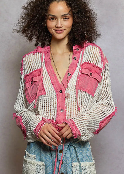 POL Texture Woven Button Down Hooded Shirt with Drawstring Hem - Sleekdenim.com