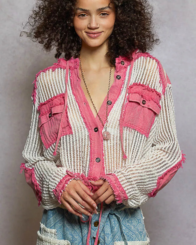 POL Texture Woven Button Down Hooded Shirt with Drawstring Hem - Sleekdenim.com