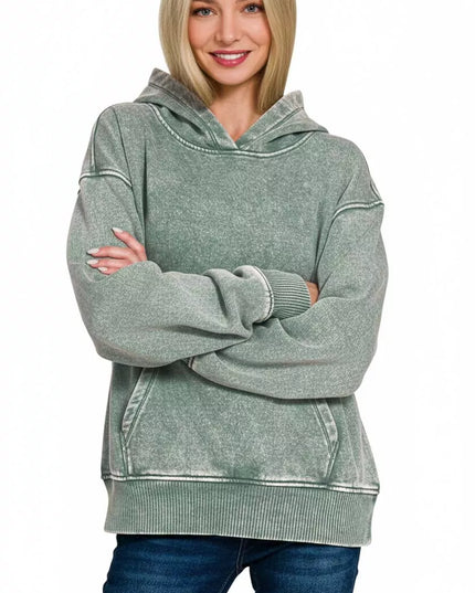Zenana Fleece Acid Wash Kangaroo Pocket Hoodie - Sleekdenim.com