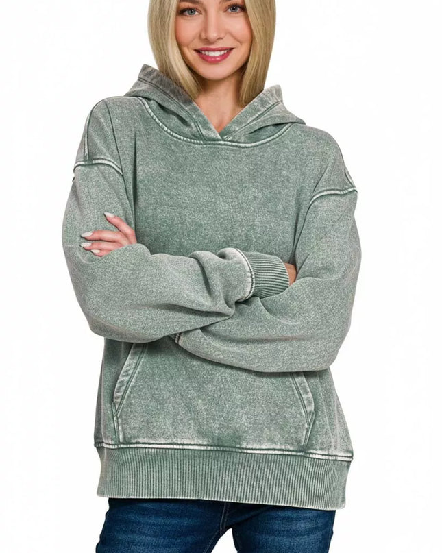 Zenana Fleece Acid Wash Kangaroo Pocket Hoodie - Sleekdenim.com