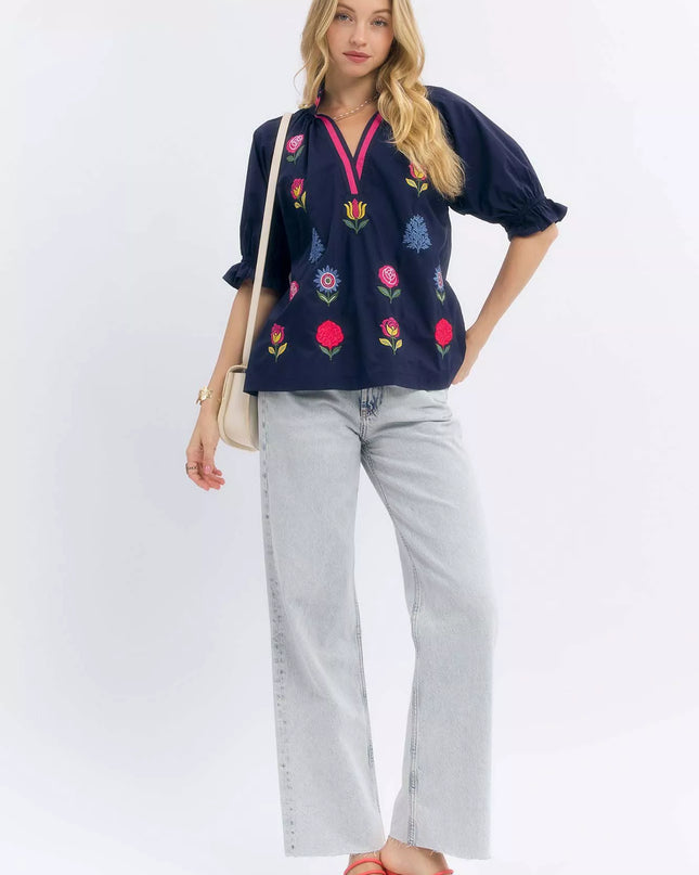Umgee Embroidered Floral Top with Contrast Trim - Sleekdenim.com