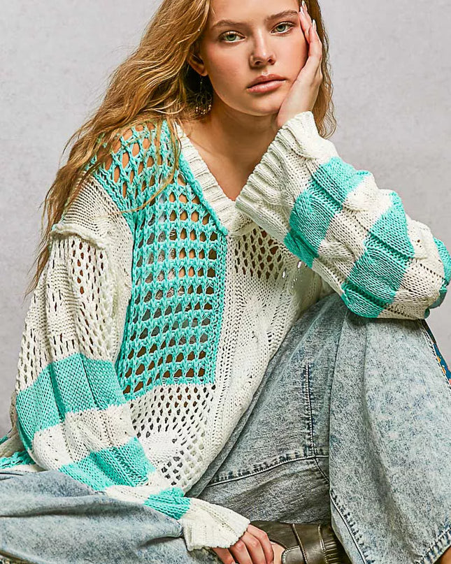 POL Color-Blocked Stripe Pattern Knit Top with Twisted Weave - Sleekdenim.com