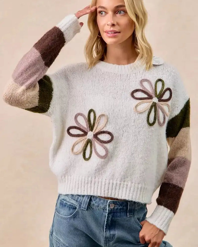 BiBi Flower Color Block Sweater - Sleekdenim.com