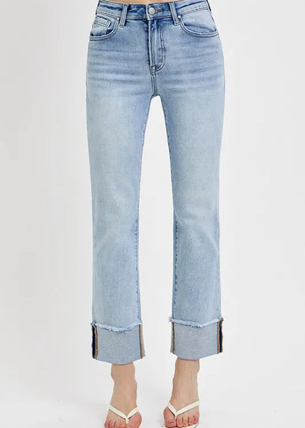 RISEN High Rise Straight Cuffed Relaxed Jeans - Sleekdenim.com