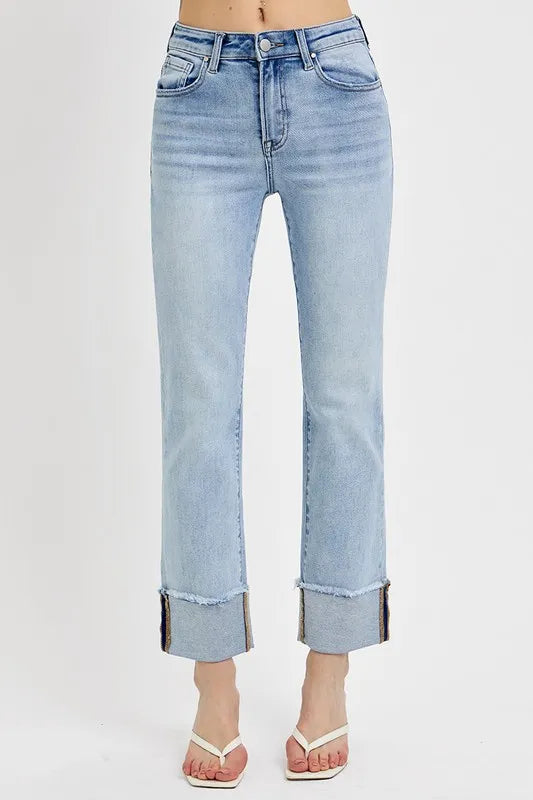 RISEN High Rise Straight Cuffed Relaxed Jeans - Sleekdenim.com