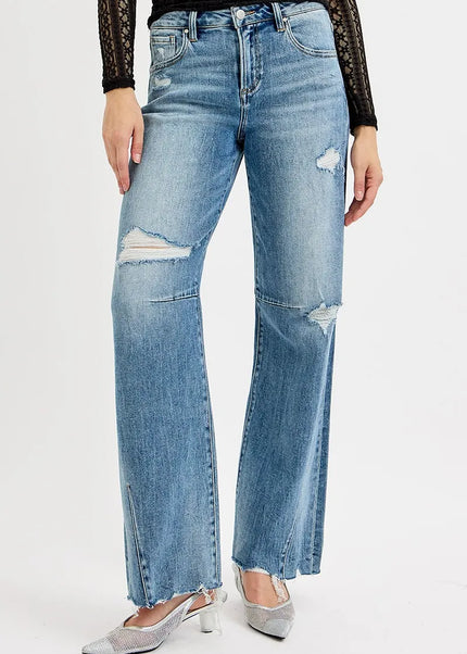 RISEN Full Size Mid Rise Fit Wide Baggy Leg Tie Washed Jeans Plus Size - Sleekdenim.com