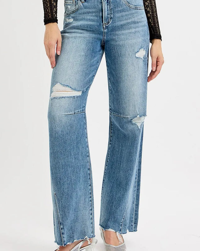 RISEN Full Size Mid Rise Fit Wide Baggy Leg Tie Washed Jeans Plus Size - Sleekdenim.com