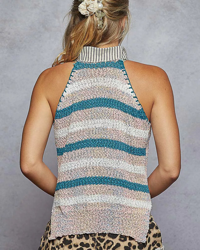 POL Striped Collar Sweater Vest with Star Patch - Sleekdenim.com