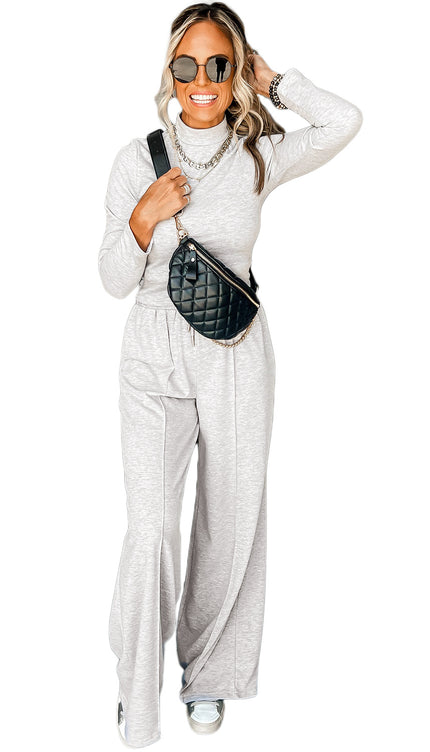 Light Grey Long Sleeve High Neck Slim Top Smocked Waist Central Seam Pants Set - Sleekdenim.com