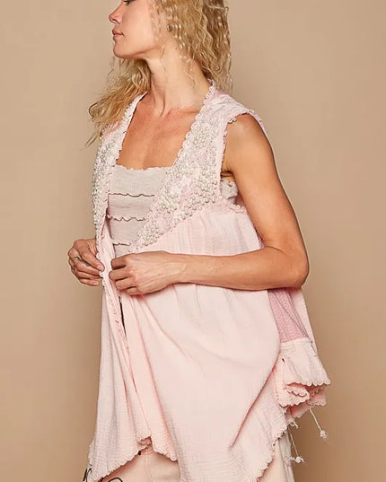 POL Embroidered Pearls Open Front Sleeveless Cardigan - Sleekdenim.com