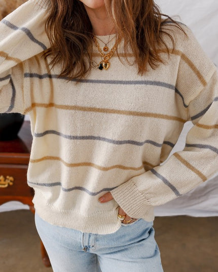 Stripe Ribbed Trim Drop Shoulder Sweater - Sleekdenim.com