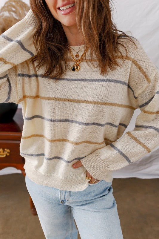 Stripe Ribbed Trim Drop Shoulder Sweater - Sleekdenim.com