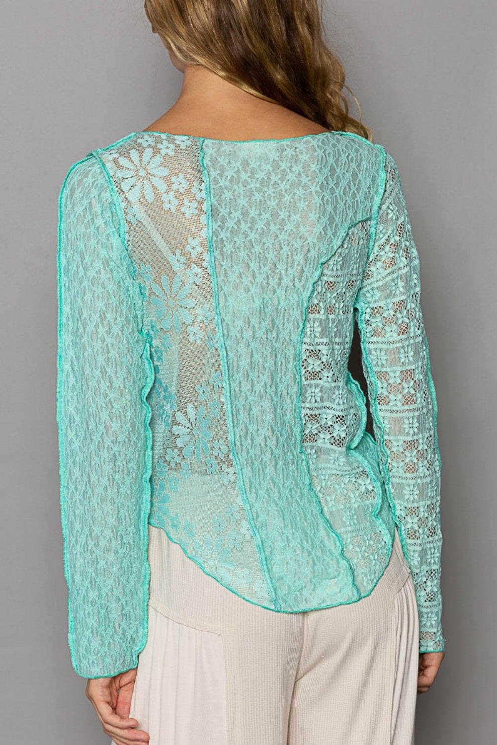 POL Exposed Seam Long Sleeve Lace Knit Top | Sleekdenim.com