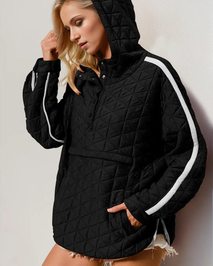 Double Take Contrast Trim Long Sleeve Half Snap Texture Hoodie with Pocket - Sleekdenim.com