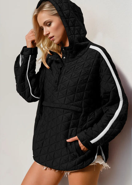 Double Take Contrast Trim Long Sleeve Half Snap Texture Hoodie with Pocket - Sleekdenim.com