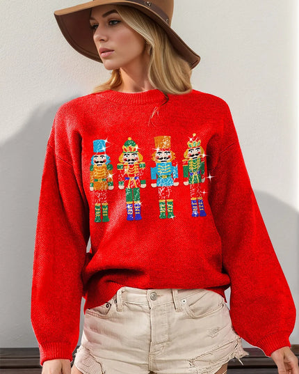 Double Take Full Size Sequin Nutcracker Long Sleeve Sweater - Sleekdenim.com