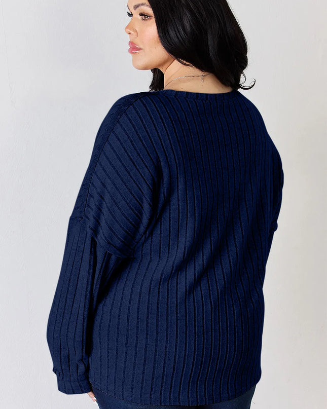 Basic Bae Full Size Ribbed Half Button Long Sleeve T-Shirt - Sleekdenim.com