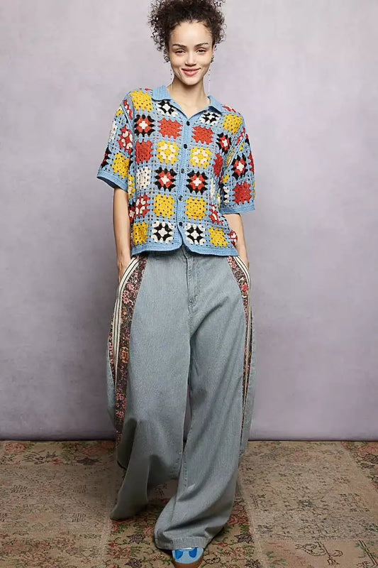 POL Crochet Short Sleeve Relaxed Fit Shirt - Sleekdenim.com