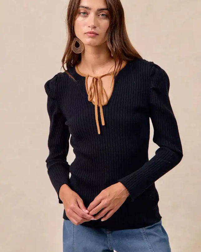 BiBi Ribbed Contrast Front Tied Top with Shrried - Sleekdenim.com