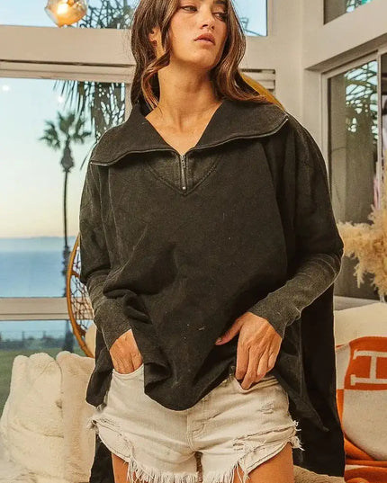 BiBi Vintage Washed Quilted Half Zip Top - Sleekdenim.com