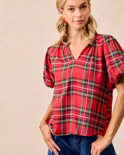 BiBi Christmas Plaid Short Sleeves Ruffled Blouse - Sleekdenim.com