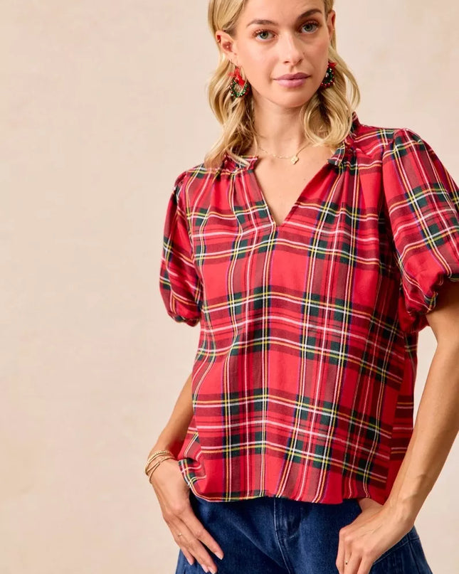 BiBi Christmas Plaid Short Sleeves Ruffled Blouse - Sleekdenim.com