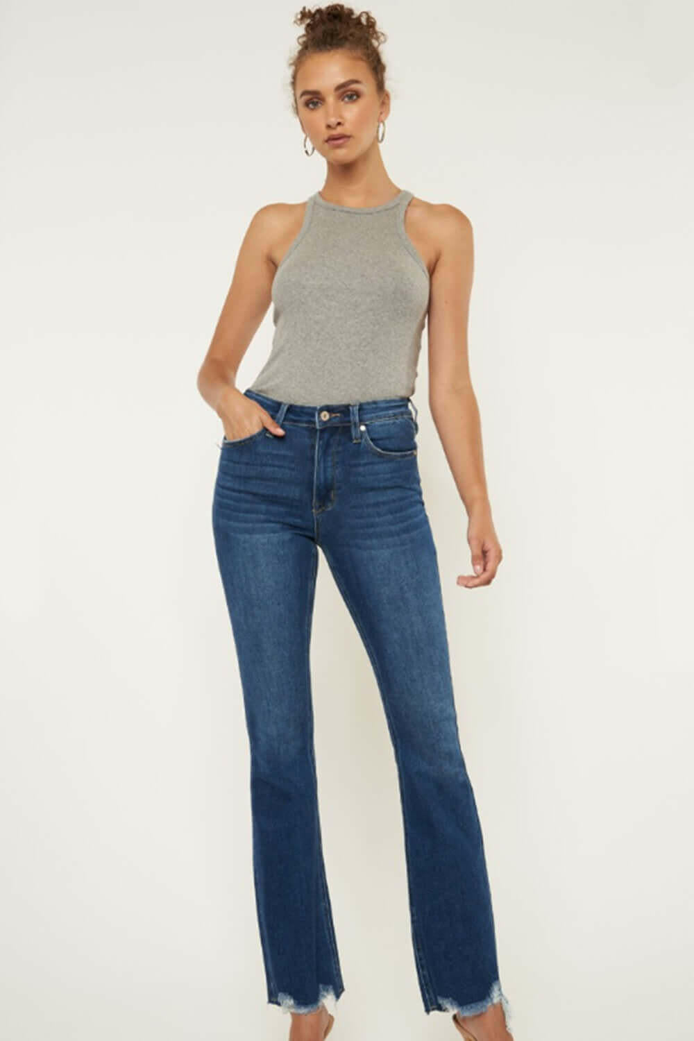 Kancan Cat's Whiskers Raw Hem Flare Jeans.