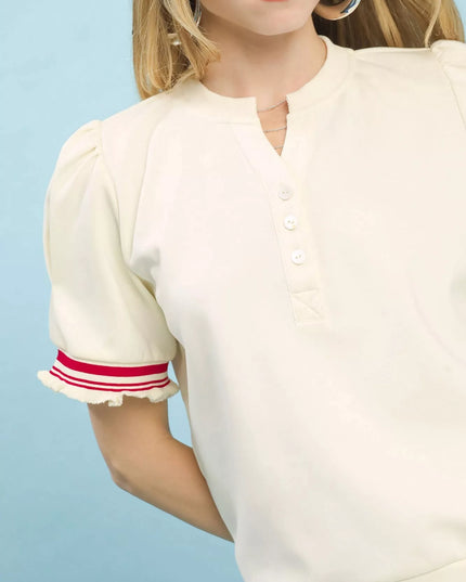 Umgee Puff Sleeve Button Front Top with Contrast Trim - Sleekdenim.com